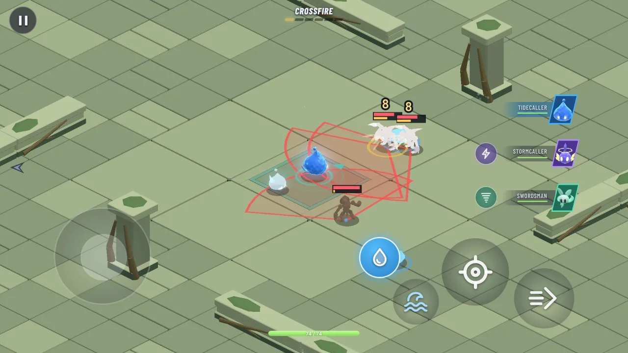 The Tidecaller faces enemies telegraphing attacks in a mossy ruin