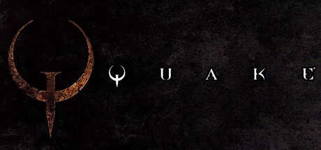 Official Quake title artwork: the bronze Quake emblem and Quake wordmark on a dark background