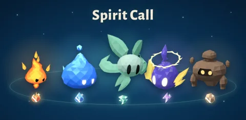 Spirit Call creator artwork showing five elemental spirits on a ring beneath a night sky